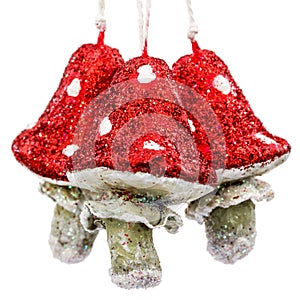 Mushrooms amanita, vintage decoration for Christmas tree, isolated on white backgroun