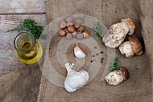 Mushrooms ceps with olive oil, garlic, herbs and nuts photo