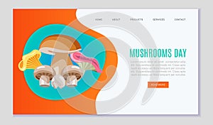 Mushrooms day edible organic vegeterian mushrooming web template, vector illustration.