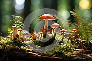 Mushrooms fly agaric on a stump in moss