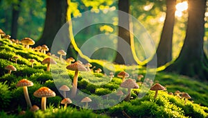 Enchanted Forest Mushrooms: Sunlit Mossy Grove