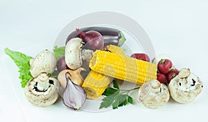 Mushrooms and fresh vegetables.isolated on a white background