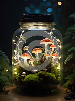 mushrooms in glass jar with lights inside