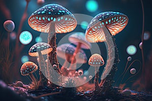 Mushrooms glowing fantastic in mystical mysterious night forest