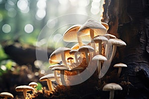 mushrooms growing on a tree stump in the forest in autumn, Mushroom cultivation in the wild, close-up, selective focus, AI