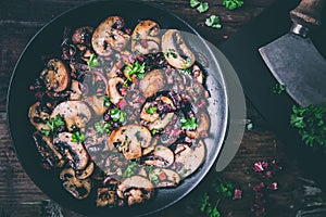 Mushrooms with ham and onions refined