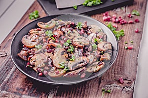 Mushrooms with ham and onions refined