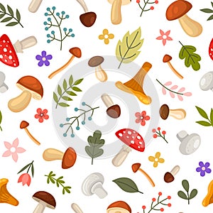 Mushrooms and Leafs Seamless Pattern on White Background. Vector