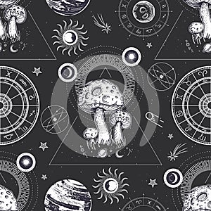 Mushrooms are like planets. Space illustration. Seamless surreal pattern. photo