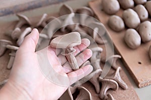 mushrooms made of clay, in a store and a manufacturing startup. Ceramics, collection and demonstration in the studio, at