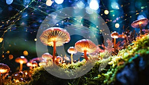 Mushrooms on a magical forest floor with sunlight.