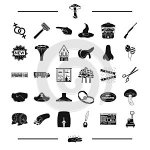Mushrooms, medicine, organs and other web icon in black style. computer, equipment, person icons in set collection.