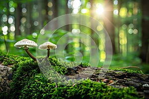 Mushrooms on a Mossy Log in a Sunlit Forest photo