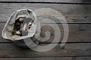 Mushrooms in a paper bag on a vintage table. Menu background.