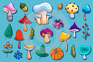 Mushrooms pixel art set. Fungi, forest plants collection. 8-bit sprite. Game development, mobile app. Isolated vector illustration