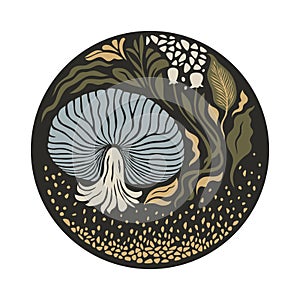 Mushrooms and plants, leaves and branches, botanical illustration, round frame