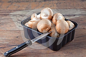 Mushrooms in plastic bowl, knive photo