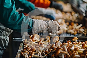 Mushrooms Production Line, Food Industry, Working on Automated Production Lines in Mushroom Factory