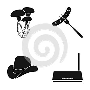 Mushrooms, sausage and other web icon in black style. hat, router icons in set collection.