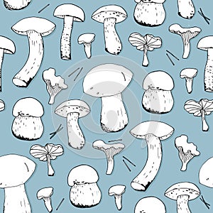 The mushrooms are a seamless pattern, Hand drawing..  For paper, cover, fabric, gift wrapping, wall art, interior decor. Vector