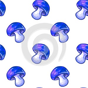 Mushrooms seamless pattern. Vegetable background, texture with bright blue watercolor clip art. Perfect for menu, seasonal design