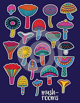 Mushrooms stickers set in hallucinogenic colors