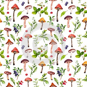 Mushrooms, summer grass, forest flowers. Natural seamless pattern. Botanical ornament of woodland. Watercolor backdrop