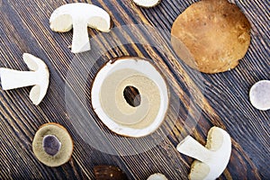 Mushrooms on a wooden background