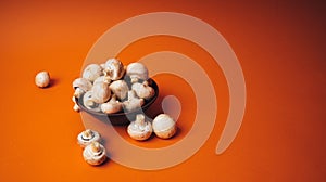Mushrooms in a wooden bowl on an orange background. The small white champignon in a plate and scattered near it.