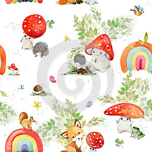 Mushrooms, Woodland Animals watercolor forest illustration