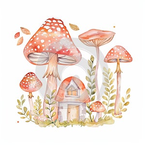 The Mushroon House and the Fairy Garden in watercolor