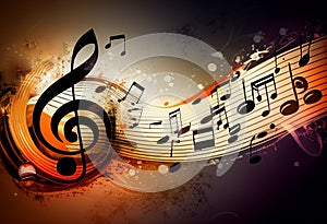 Music abstract background with colorful musical instruments stage microphone and notes silhouettes