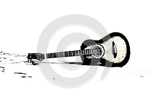 A black and white guitar on a white background