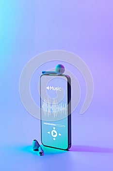 Music app. Audio equipment with beats, sound headphones, music application on mobile smartphone screen. Radio recording
