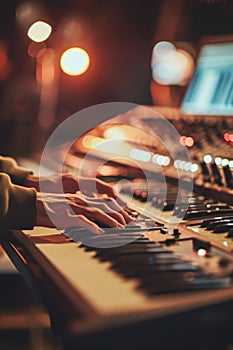 Music artist's hands playing chords on a synthesizer in a studio, with focus on the interaction with the instrument.