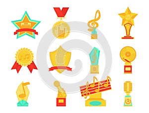 Music award statuette microphone and notes entertainment winner top artist achievement musicnote prize illustration