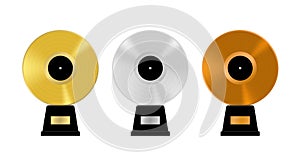 Music awards set. Golden, silver bronze and platinum vinyl records. Old vintage music vector illustration.