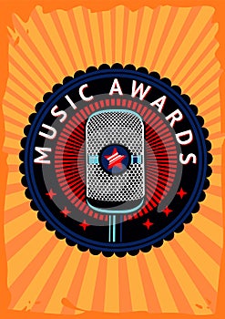 Music awards vector poster. Contest emblem with microphone. Talent show. Stand up background event.