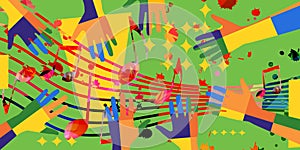 Music background with colorful G-clef, music notes and hands vector illustration design.