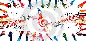 Music background with colorful G-clef, music notes and hands vector illustration design. Artistic music festival poster, live conc