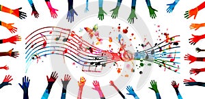 Music background with colorful G-clef, music notes and hands vector illustration design. Artistic music festival poster, live conc