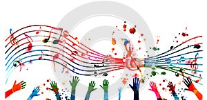 Music background with colorful G-clef, music notes and hands vector illustration design. Artistic music festival poster, live conc