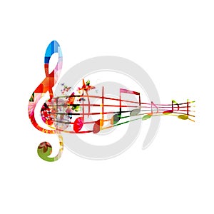Music background with colorful G-clef and music notes vector illustration design. Artistic music festival poster, live concert eve