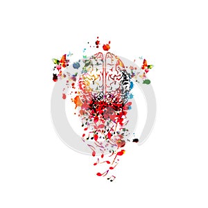 Music background with colorful human brain and music notes isolated vector illustration design. Artistic music festival poster, li