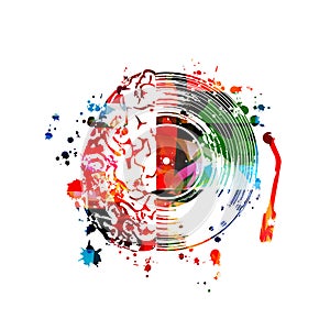Music background with colorful human brain and vinyl record disc isolated vector illustration design. Artistic music festival post