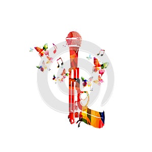 Music background with colorful microphone and pistol vector illustration design. Artistic music festival poster, live concert even