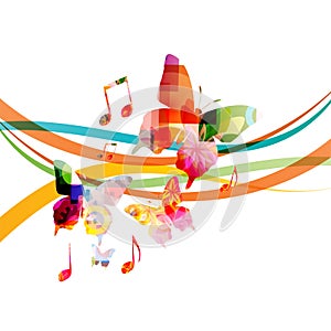 Music background with colorful music notes and butterflies vector illustration design. Artistic music festival poster, live concer