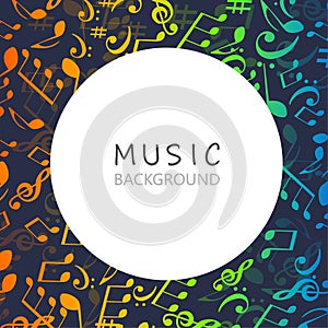 Music background with colorful music notes and G-clef vector illustration design. Artistic music festival poster, live concert,