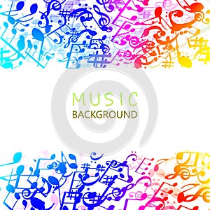 Music background with colorful music notes and G-clef vector illustration design. Artistic music festival poster, live concert, mu