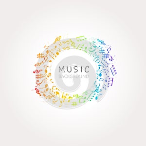 Music background with colorful music notes and G-clef vector illustration design. Artistic music festival poster, live concert, mu